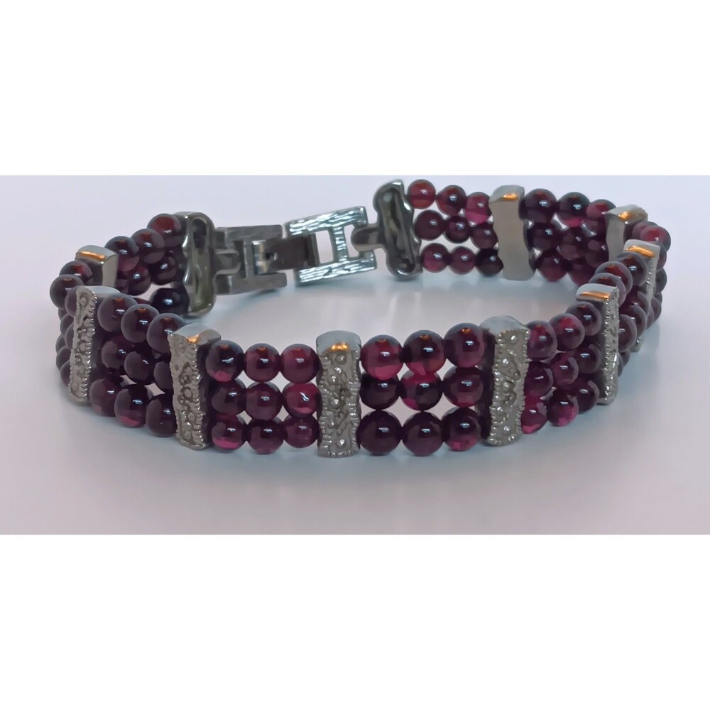 Vintage Silvertone Garnet Bead Bracelet 3 Rows 1/2 in wide - 7.5 in